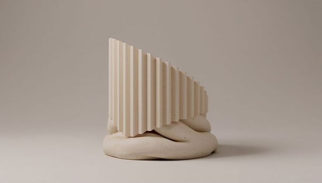 Minimalist beige sculpture featuring ribbed triangular slab resting on coiled clay base