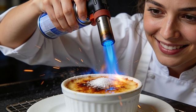 Smiling pastry chef torching creme brulee with blue blowtorch flame, caramelizing sugar