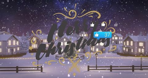 Festive Nighttime Christmas Village with Merry Greetings