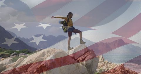 Woman Exploring Mountain Landscape Overlayed with American Flag