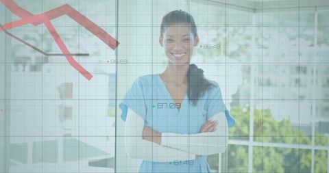 Nurse standing with arms crossed smiling with declining medical chart overlaying