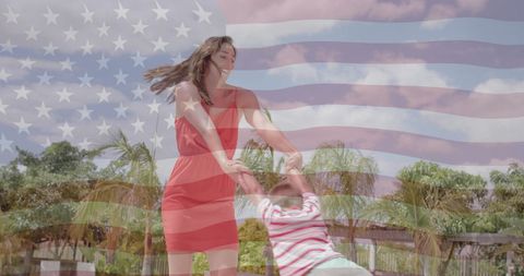 Playful Mother and Son with American Flag Overlay by Poolside