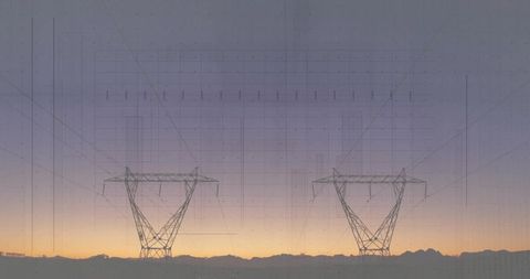 Minimalist sunset silhouette power transmission towers with blueprint overlay and twilight