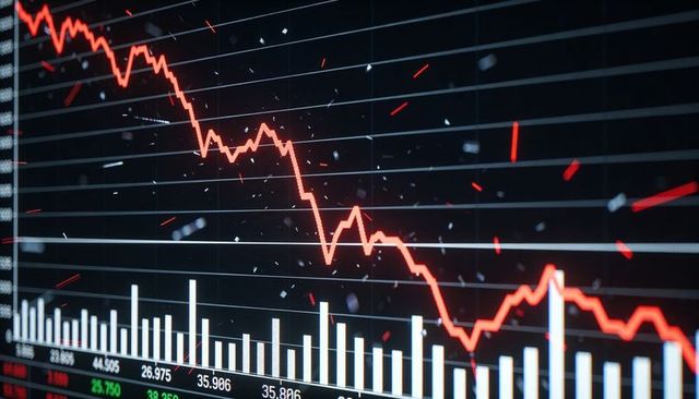 Red downtrend line over white volume bars on trading dashboard showing market volatility