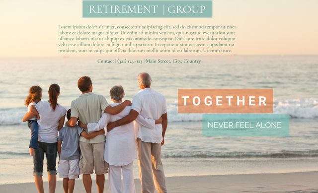 Group of individuals from different generations standing together at the beach, highlighting unity and support for retirement group. Useful for advertisements, family-focused messages, or invitations. Perfect for promoting community, togetherness, and peaceful moments with loved ones.