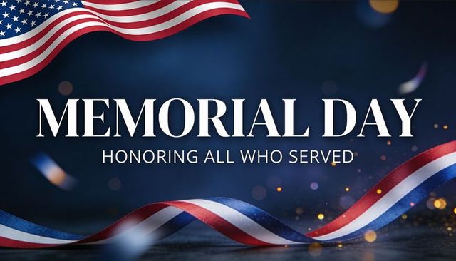 Memorial day tribute with american flag ribbon, red white blue banner and serif typography