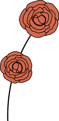 Stylized red-orange rose blooms on curved stem transparent background