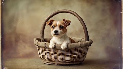 Adorable puppy relaxing in wicker basket with rustic backdrop