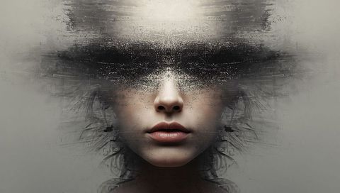 Surreal female portrait with obscured eyes, glass smear and abstract double exposure art