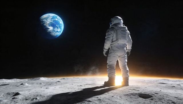 Astronaut standing on moon facing Earthrise with sunrise glow over lunar regolith