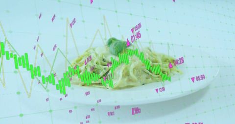 Spaghetti Dish with Financial Chart Overlay Symbolizing Economy and Food Market