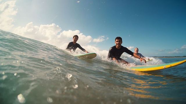 Three surfers riding sunlit ocean swells on colorful longboards smiling and balancing