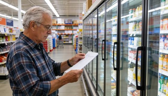 Senior man checking paper shopping list in supermarket refrigerated aisle