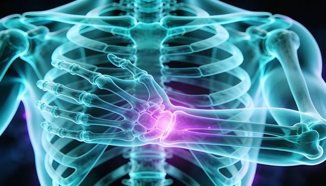 Neon Medical Rendering Showing Wrist Joint Pain Highlighted on Transparent Upper Skeleton