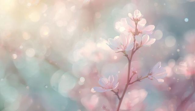 Delicate Backlit Pale Pink Blossom Branch with Soft Pastel Bokeh and Dreamy Spring Light