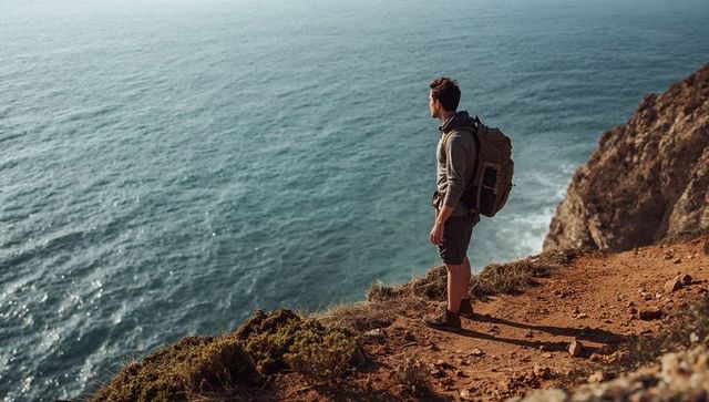 Solo hiker standing on coastal cliff overlooking ocean horizon, adventure, solitude