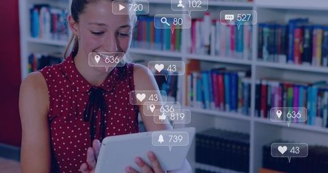 Smiling Teen Using Tablet in Library with Floating Social Media Engagement Icons
