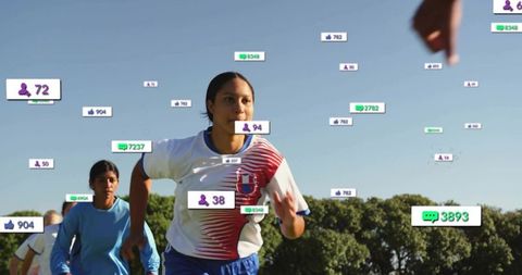 Sprinting female athlete with social media overlays showing engagement and analytics