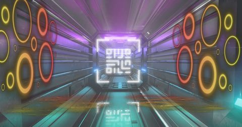 Futuristic glowing qr code with neon elements in modern tunnel