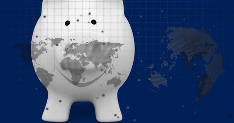 Piggy Bank with Global Map and Grid Matrix for Global Investment Theme