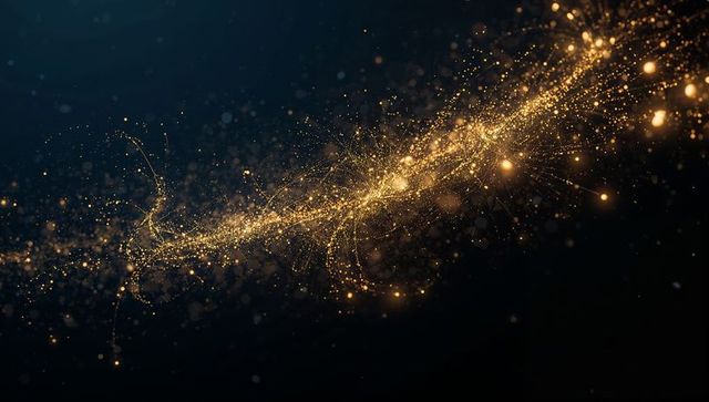 Flowing golden particle stream arcing across dark teal backdrop with glowing filaments