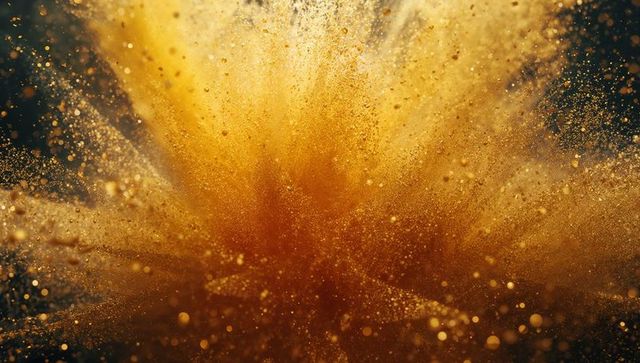 Dynamic Cloud of Golden-Orange Particles Exploding Against Dark Background