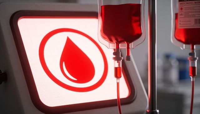 Backlit iv blood bag hanging in donation bay showing drip chamber and glowing blood drop sign