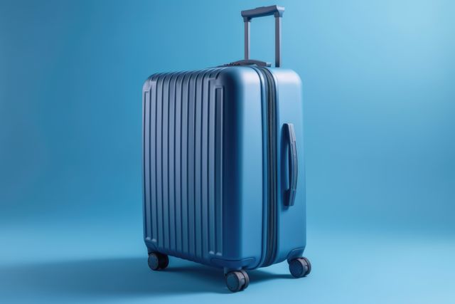 Silver wheeled suitcase on blue background, created using generative ai technology. Travel, exploration and vacations, digitally generated image.
