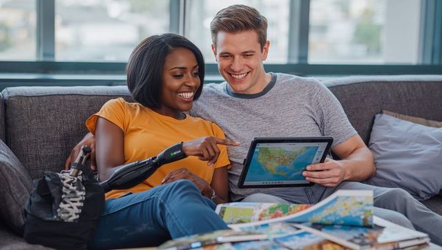Couple planning road trip with tablet and paper maps, woman pointing prosthetic arm