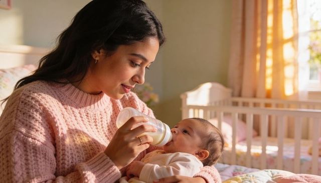 Young mother feeding newborn with bottle in cozy pastel nursery, tender bonding moment