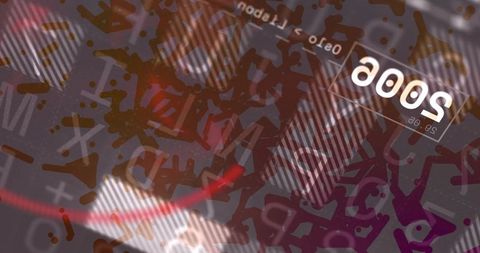 Displaying Abstract Glyph Overlay with Upside-Down 2000 Label on Dark Textured Backdrop