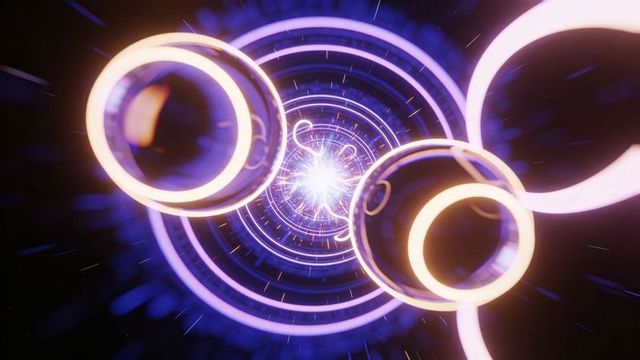Pulsing neon vortex with glowing rings and floating orbs creating futuristic energy tunnel
