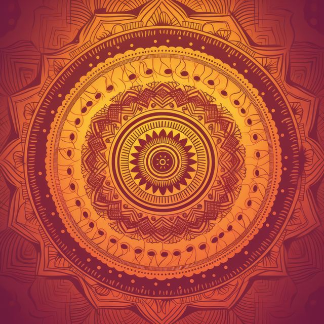 Yellow mandala design on red background, created using generative ai technology. Colour, pattern, design, symbol and spirituality concept digitally generated image.