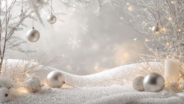 Silver and White Holiday Tabletop Vignette Featuring Sparkling Baubles and Candle Glow