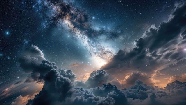 Milky way galaxy shines through dramatic cumulonimbus clouds