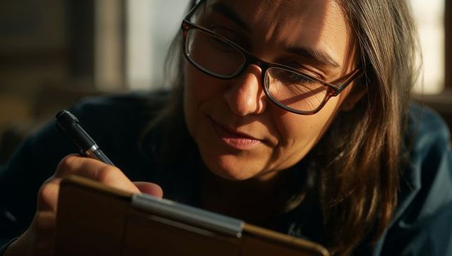Sunlit closeup of woman writing on tablet with tortoiseshell glasses, calm intimate scene