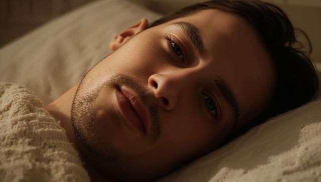 Young man lying in bed staring in warm soft light, moody intimate closeup portrait