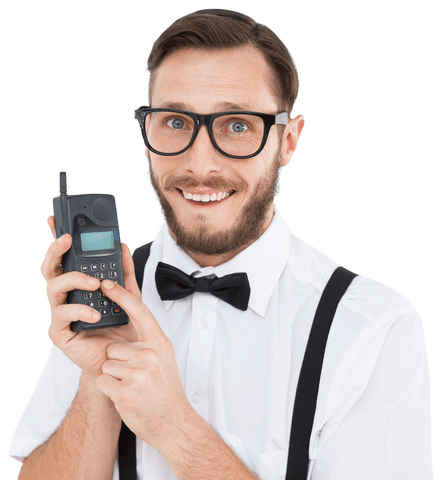 smiling geeky hipster holding transparent retro cellphone - Download Free Stock Videos Pikwizard.com