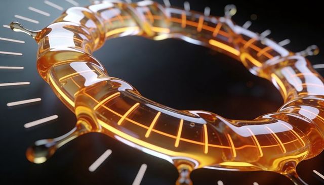 Glowing amber glass torus hovering with luminous grid, droplet splashes and warm caustics