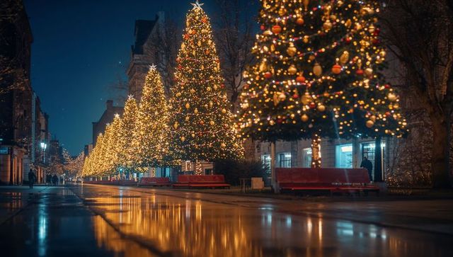 Illuminated christmas trees lining festive street at night