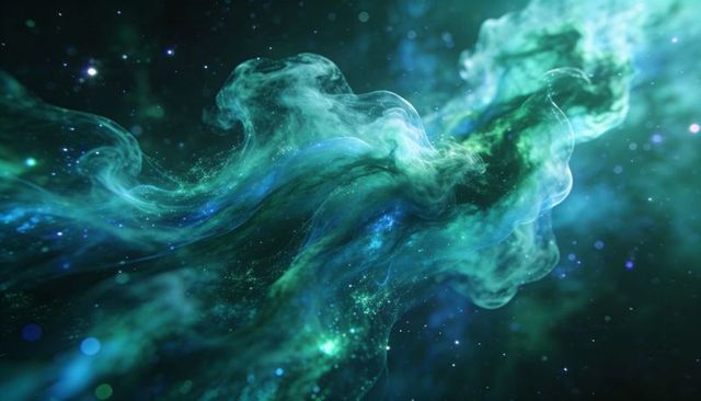 Swirling teal-green nebula cloudscape with iridescent filaments and luminous knots
