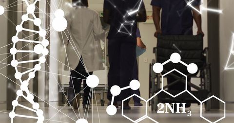 Medical Professionals Walking with Molecular Graphics Overlay