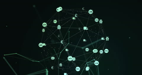 Globalized Network of Digital Business Icons on Green Background