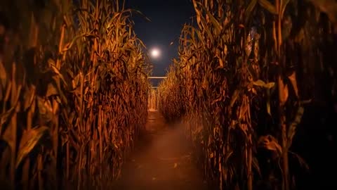 Corn Maze By Moonlight with Mysterious Path and Mist