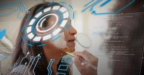 Woman applying skincare with augmented reality hud overlay — futuristic beauty tech