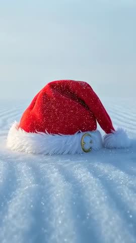 Lying red Santa hat on rippled snow field catching falling snow — vertical winter loop