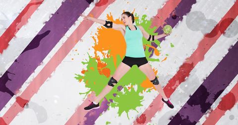 Dynamic Female Handball Player in Action Against Colorful Background