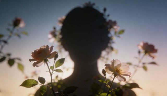 Silhouetted woman wearing floral crown backlit at sunset, pale pink roses and ethereal glow