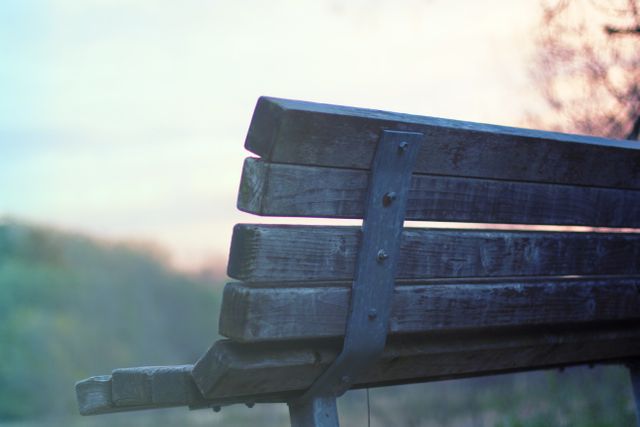Photograph of an empty wooden park bench captured at dawn. The image conveys a peaceful and tranquil atmosphere with soft lighting and the natural surroundings. Ideal for use in themes related to solitude, serenity, outdoor activities, and nature walks. Suitable for prints, greeting cards, websites about outdoor living, and mental well-being materials.