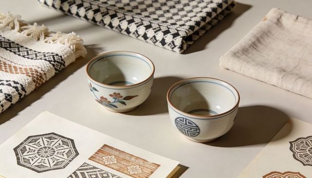 Displaying handmade glazed ceramic bowls with floral and geometric motifs on craft tabletop